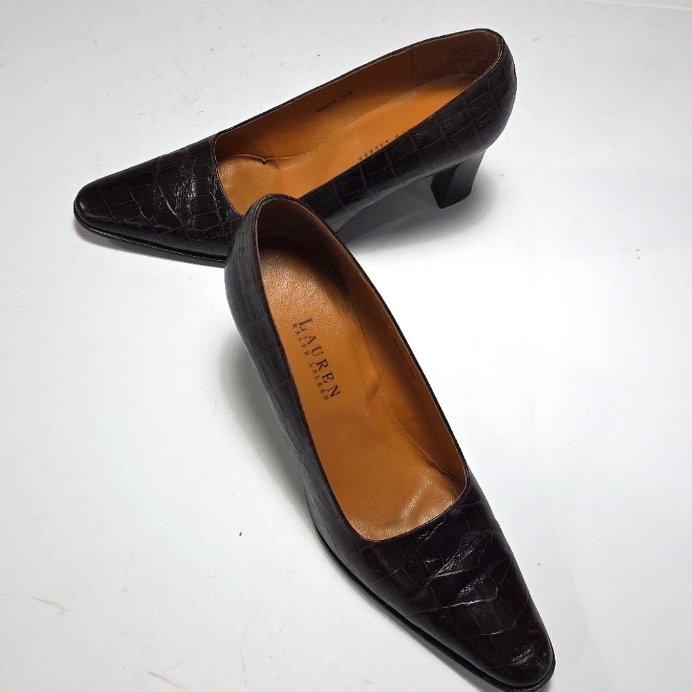 Lauren Ralph Lauren Women's Vintage Leather Brown Croc Embossed Pumps Size 9.5B
